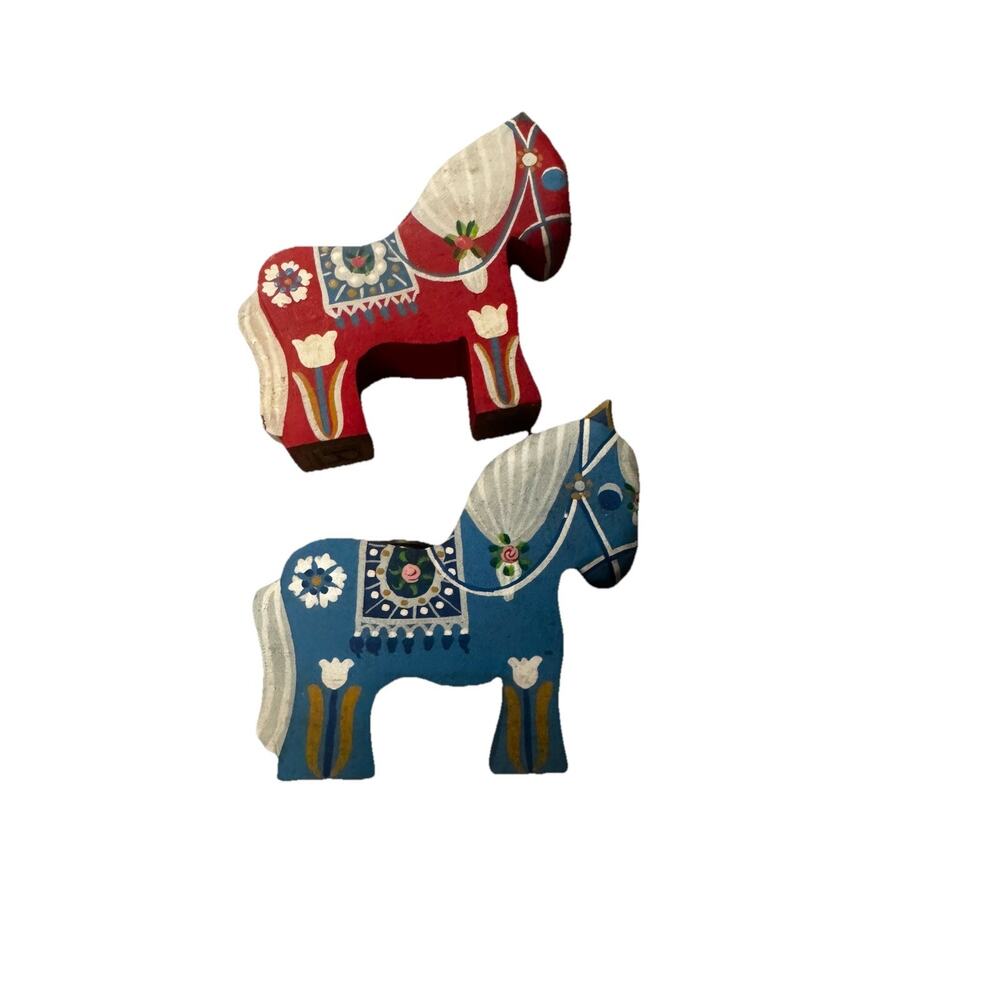 Set Of 2 Vintage Scandinavian Wooden Dala Horse Candle Holders Denmark Folk Art